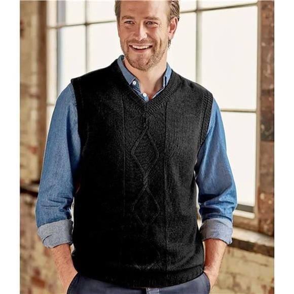 Sweater Vest for Men V Neck Sleeveless Chunky, Black - Picture 5 of 6